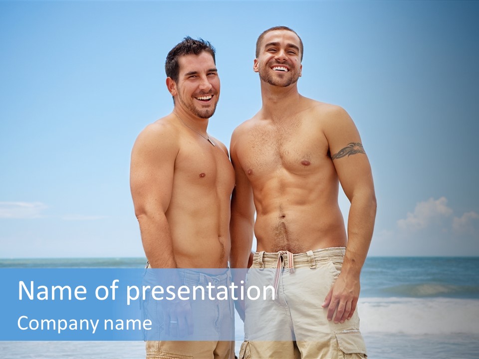 Shirtless Gay Couple Standing On A Beach PowerPoint Template