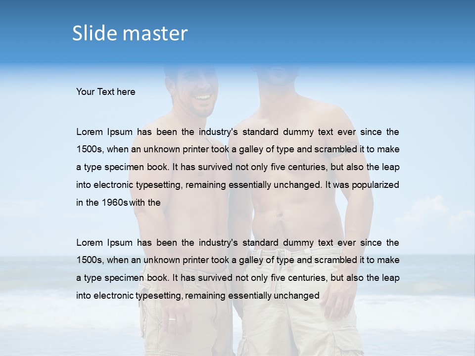 Shirtless Gay Couple Standing On A Beach PowerPoint Template