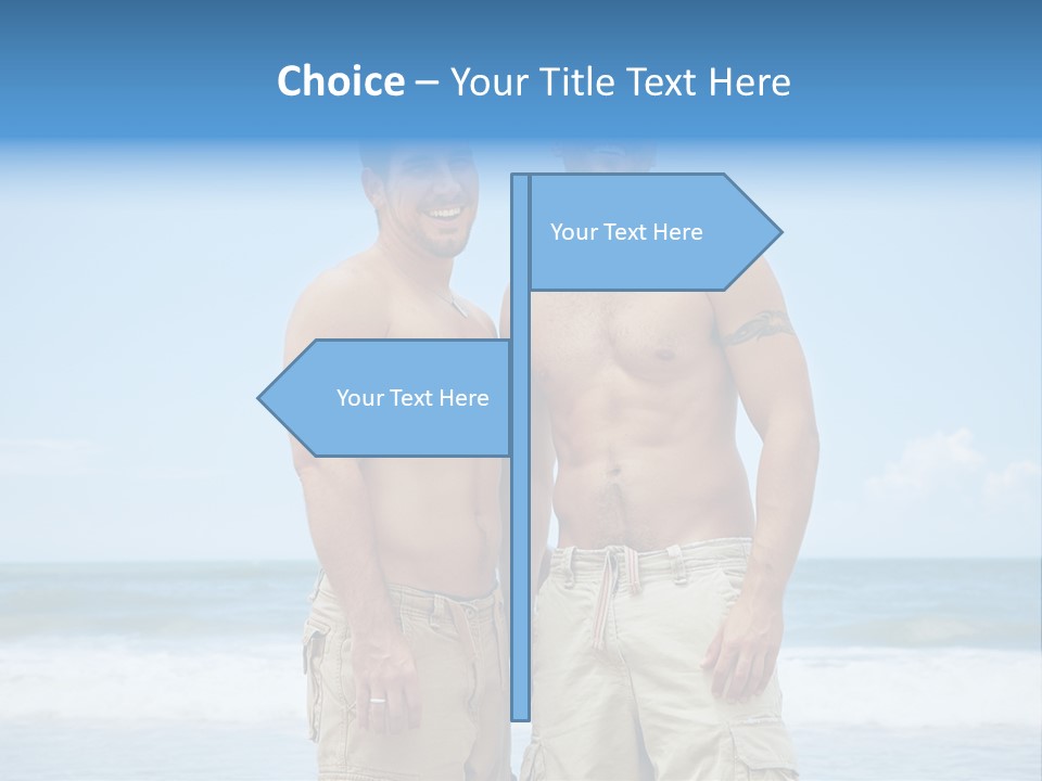 Shirtless Gay Couple Standing On A Beach PowerPoint Template