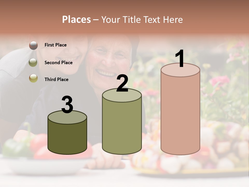 A Young Woman - Grandchild Or Carer - Next To An Old Woman At The Table, With Fresh Food In Front Of Them. PowerPoint Template