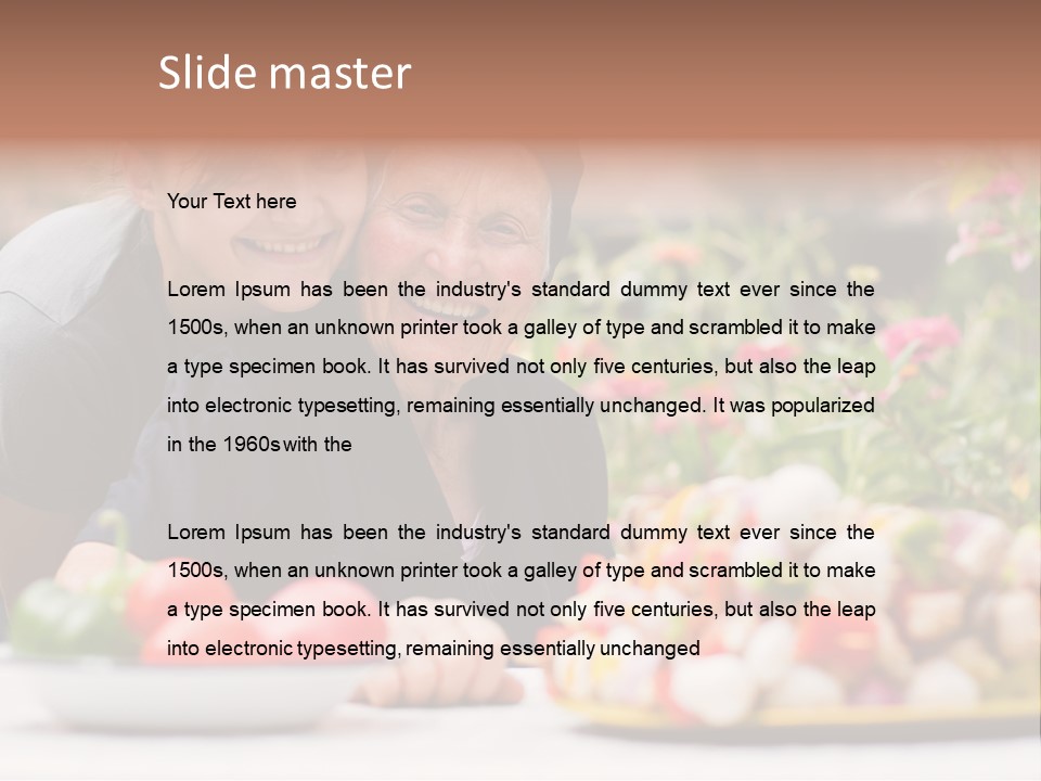 A Young Woman - Grandchild Or Carer - Next To An Old Woman At The Table, With Fresh Food In Front Of Them. PowerPoint Template