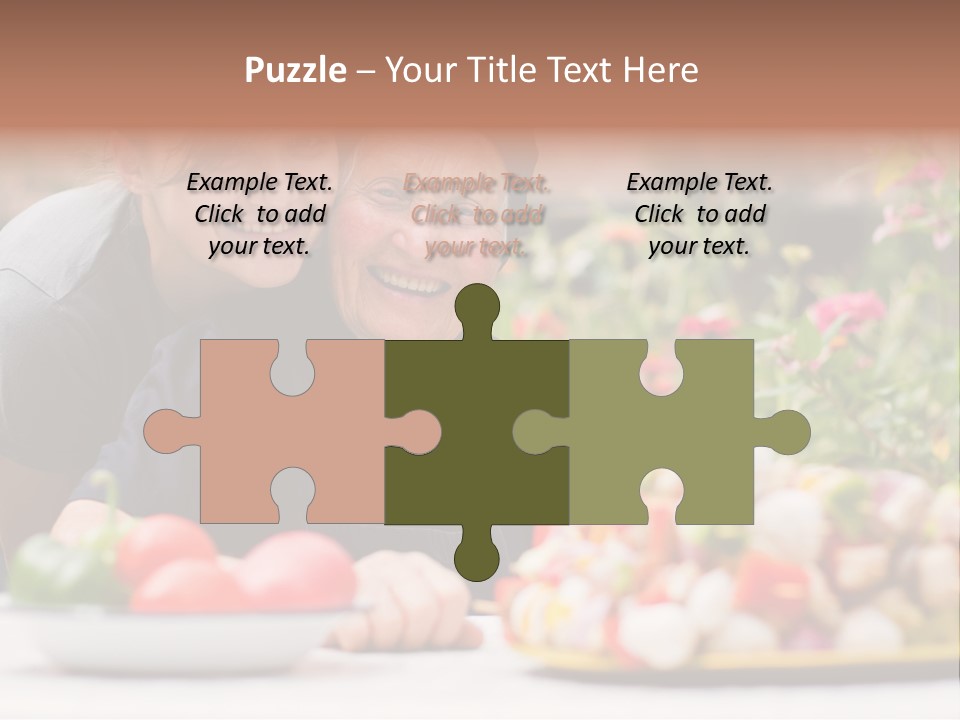 A Young Woman - Grandchild Or Carer - Next To An Old Woman At The Table, With Fresh Food In Front Of Them. PowerPoint Template