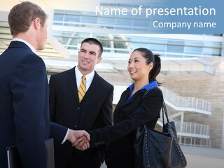 A Business Man And Woman Team At Office Shaking Hands PowerPoint Template