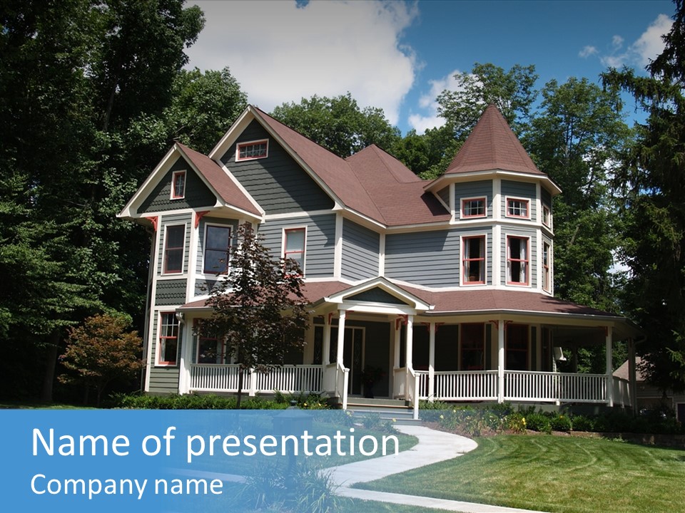 New Two Story Victorian Residential Home With Vinyl Or Board Siding On The Facade Styled After An Old-Fashioned Historical House With Bay Windows, Gingerbread And A Turret. PowerPoint Template
