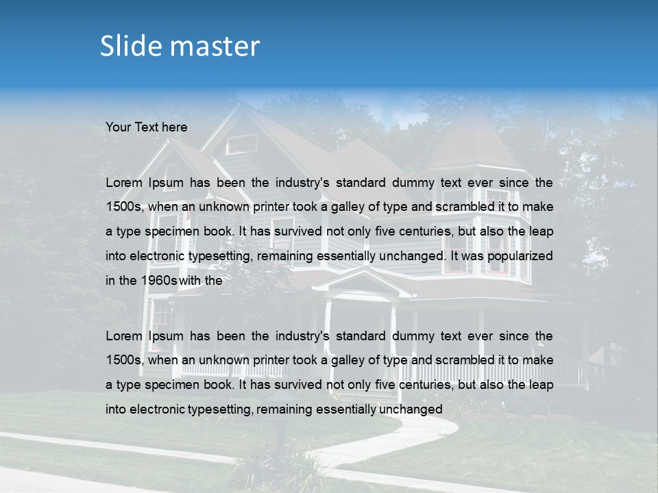 New Two Story Victorian Residential Home With Vinyl Or Board Siding On The Facade Styled After An Old-Fashioned Historical House With Bay Windows, Gingerbread And A Turret. PowerPoint Template