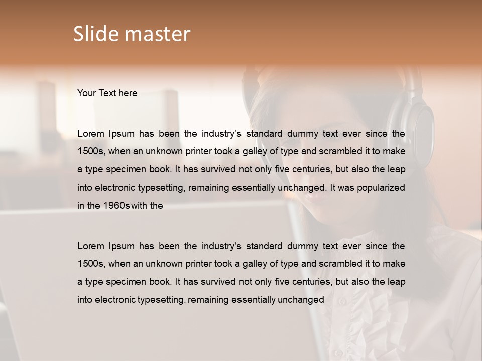 Girl Is Using Computer With Headphones PowerPoint Template