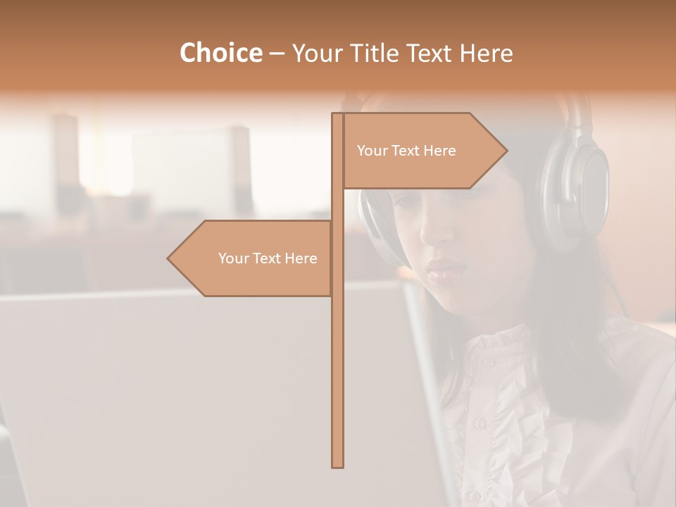 Girl Is Using Computer With Headphones PowerPoint Template