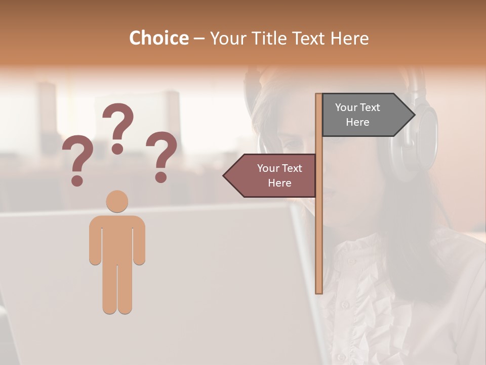 Girl Is Using Computer With Headphones PowerPoint Template