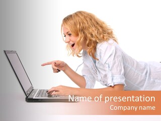 Surprised Woman Looks In The Laptop PowerPoint Template