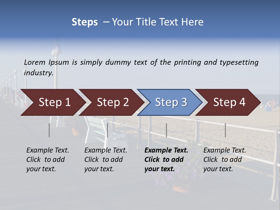 A Boardwalk With Benches And Flowers On The Beach PowerPoint Template