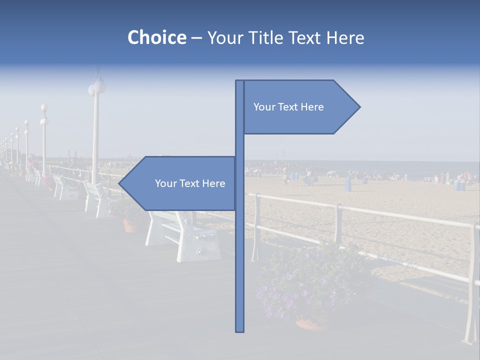 A Boardwalk With Benches And Flowers On The Beach PowerPoint Template