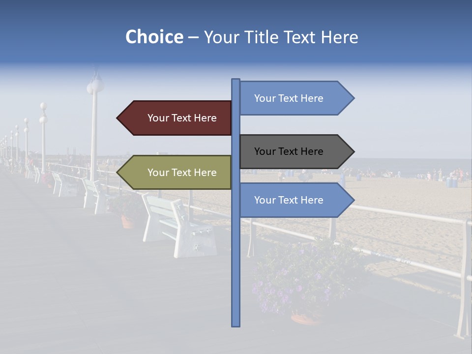 A Boardwalk With Benches And Flowers On The Beach PowerPoint Template