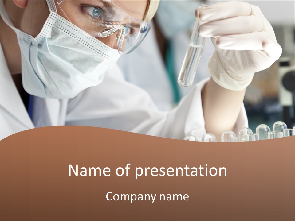 A Blond Medical Or Scientific Researcher Or Doctor Using Looking At A Clear Solution In A Laboratory With Her Asian Female Colleague Out Of Focus Behind Her. PowerPoint Template