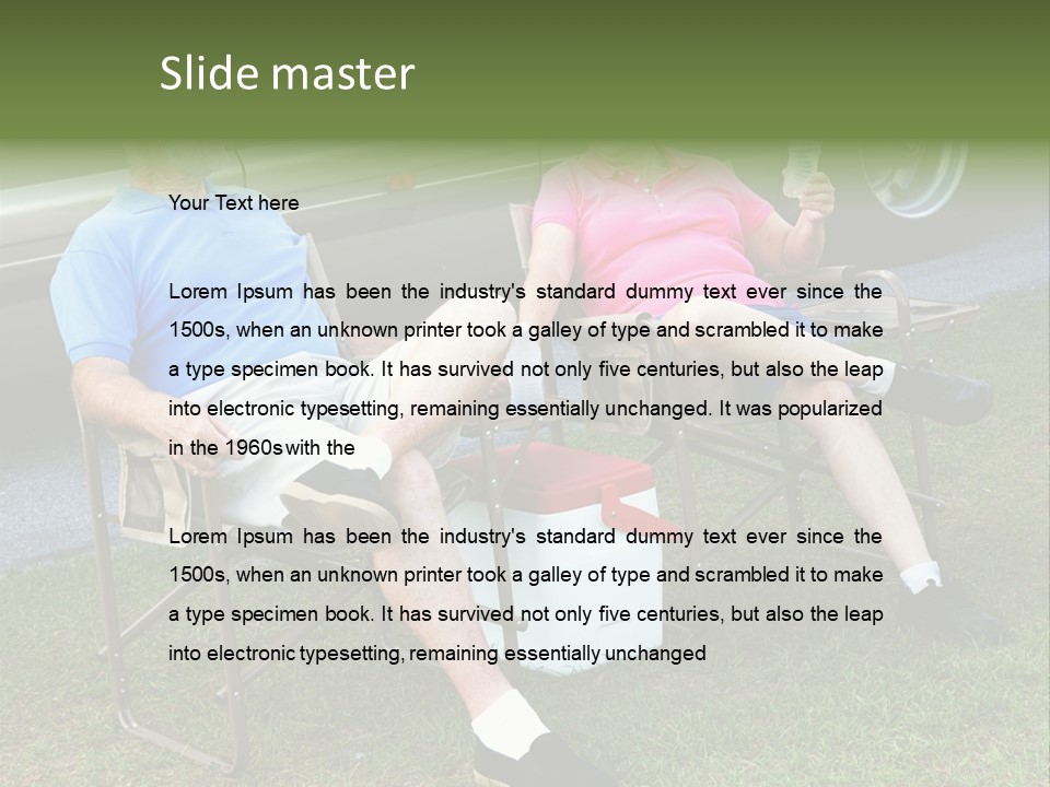 Senior Campers Sitting In Folding Chairs Outside Their Motor Home. PowerPoint Template