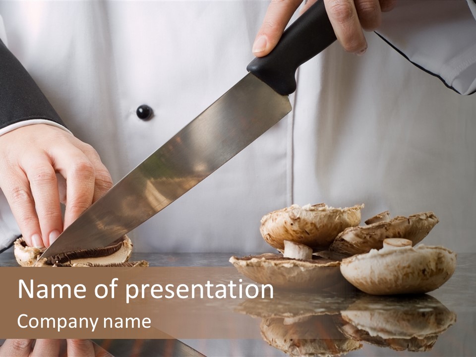 Chef Wearing Black And White Uniform Slicing Brown Mushrooms PowerPoint Template