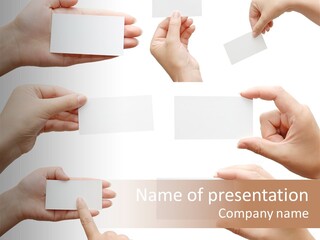 Set Of Hand Holding An Empty Business Card Over White PowerPoint Template