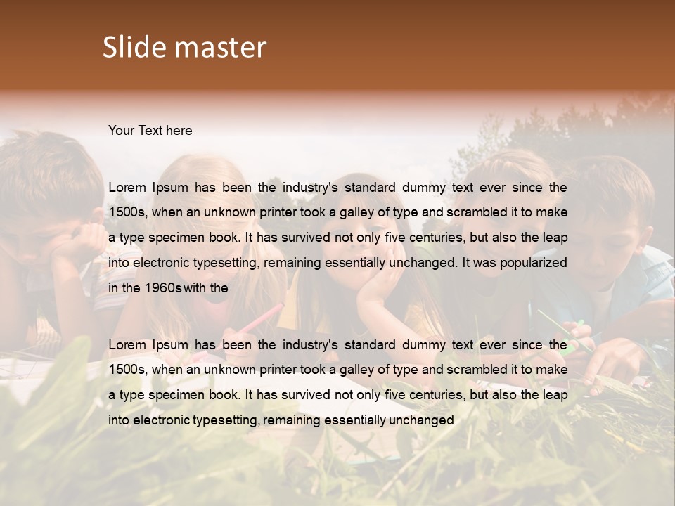 Portrait Of Cute Kids Reading Books And Drawing In Natural Environment Together PowerPoint Template