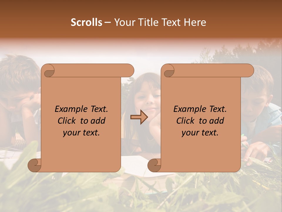 Portrait Of Cute Kids Reading Books And Drawing In Natural Environment Together PowerPoint Template
