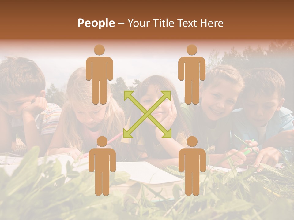 Portrait Of Cute Kids Reading Books And Drawing In Natural Environment Together PowerPoint Template