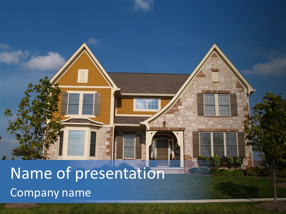 Two Story Stone, Brick And Board Sided Residential Home With Bay Window. PowerPoint Template