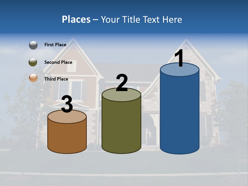 Two Story Stone, Brick And Board Sided Residential Home With Bay Window. PowerPoint Template