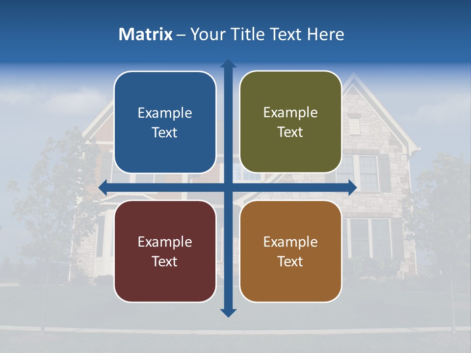 Two Story Stone, Brick And Board Sided Residential Home With Bay Window. PowerPoint Template