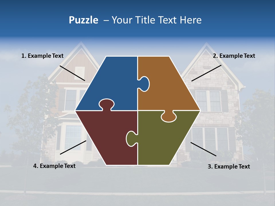 Two Story Stone, Brick And Board Sided Residential Home With Bay Window. PowerPoint Template