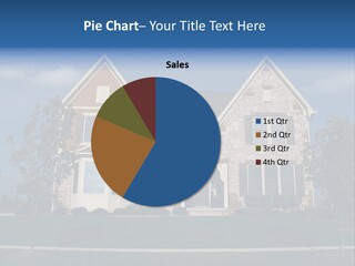 Two Story Stone, Brick And Board Sided Residential Home With Bay Window. PowerPoint Template