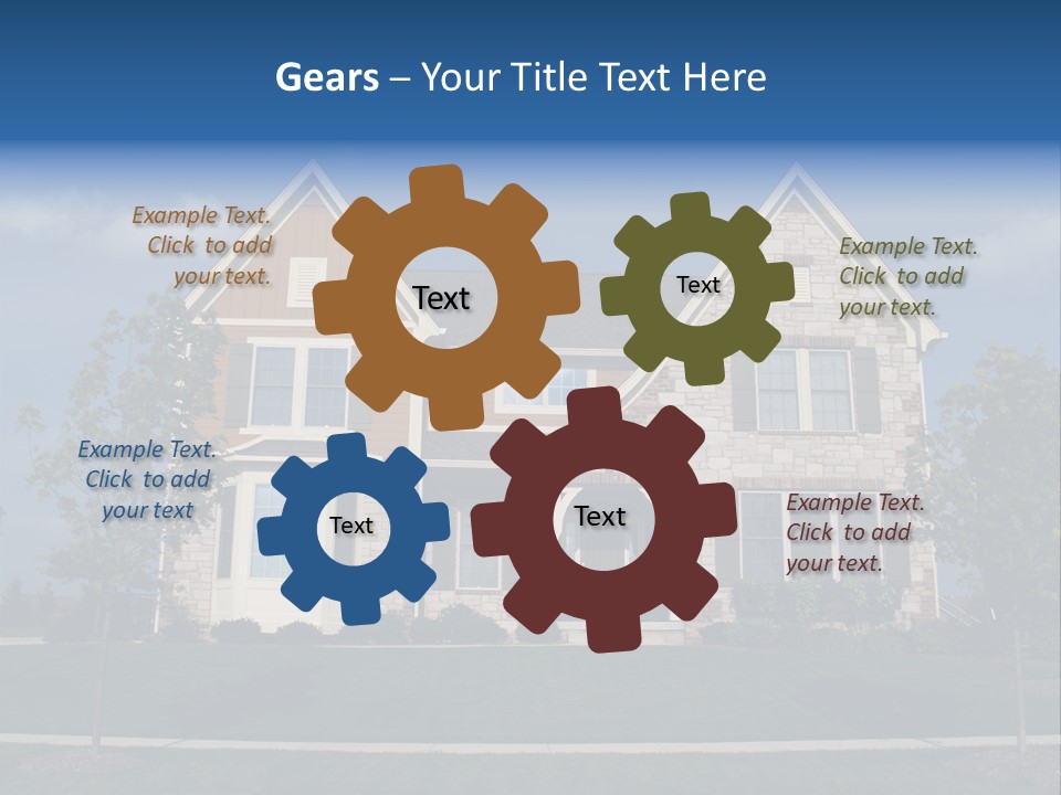 Two Story Stone, Brick And Board Sided Residential Home With Bay Window. PowerPoint Template