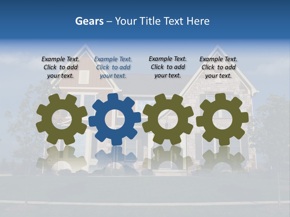 Two Story Stone, Brick And Board Sided Residential Home With Bay Window. PowerPoint Template