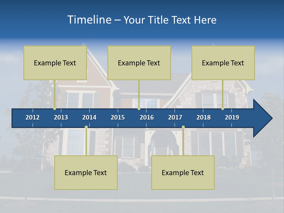 Two Story Stone, Brick And Board Sided Residential Home With Bay Window. PowerPoint Template