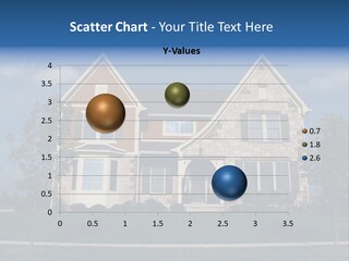 Two Story Stone, Brick And Board Sided Residential Home With Bay Window. PowerPoint Template