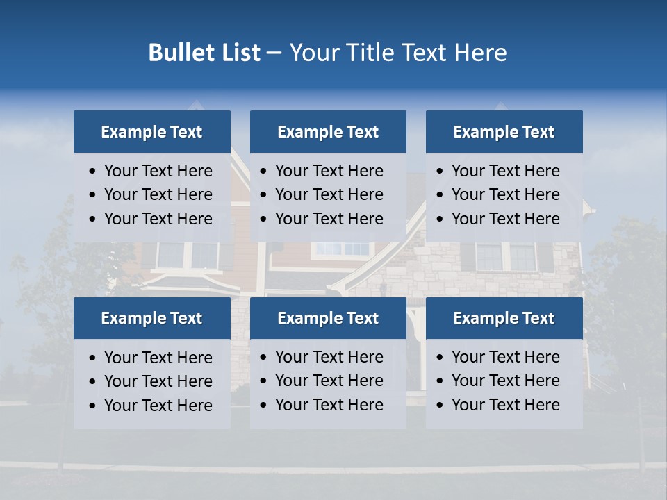 Two Story Stone, Brick And Board Sided Residential Home With Bay Window. PowerPoint Template