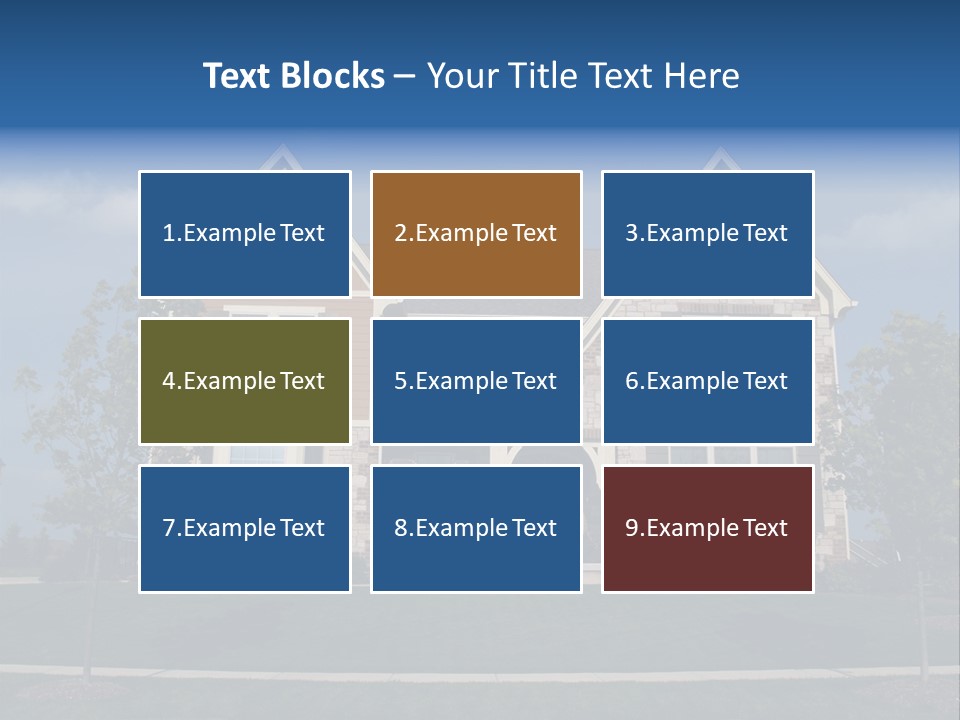 Two Story Stone, Brick And Board Sided Residential Home With Bay Window. PowerPoint Template