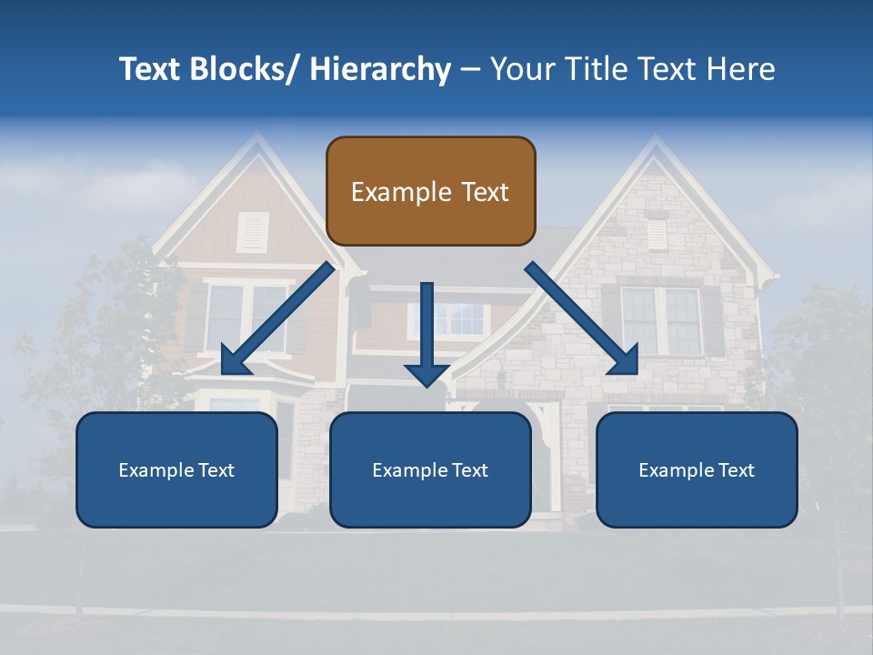Two Story Stone, Brick And Board Sided Residential Home With Bay Window. PowerPoint Template