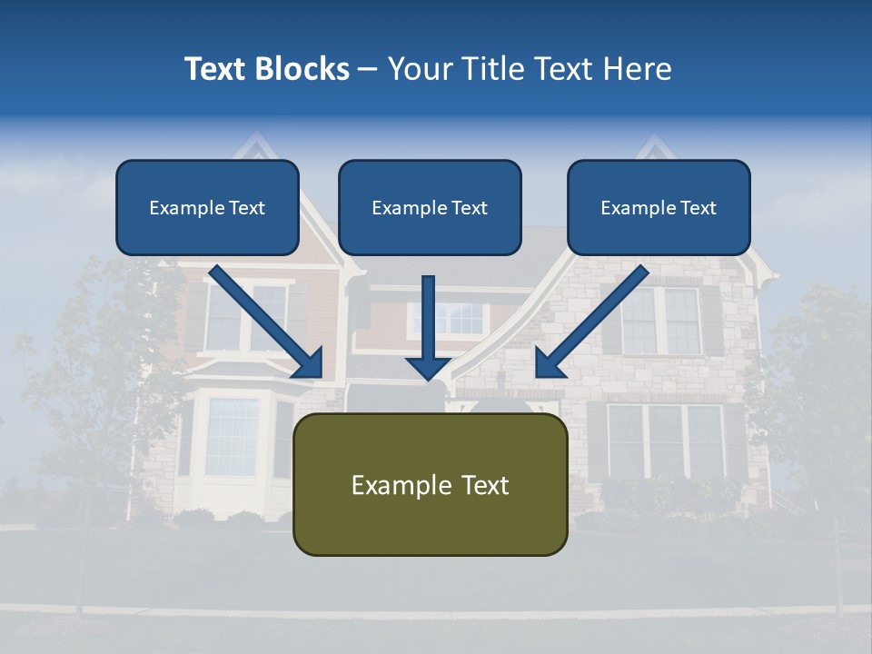 Two Story Stone, Brick And Board Sided Residential Home With Bay Window. PowerPoint Template