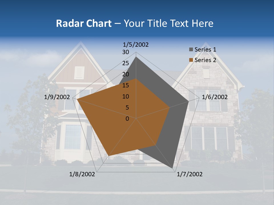 Two Story Stone, Brick And Board Sided Residential Home With Bay Window. PowerPoint Template