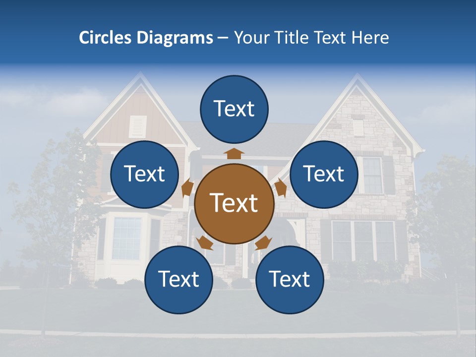Two Story Stone, Brick And Board Sided Residential Home With Bay Window. PowerPoint Template