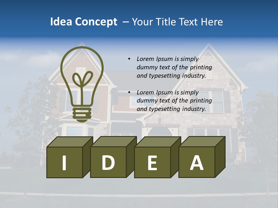 Two Story Stone, Brick And Board Sided Residential Home With Bay Window. PowerPoint Template