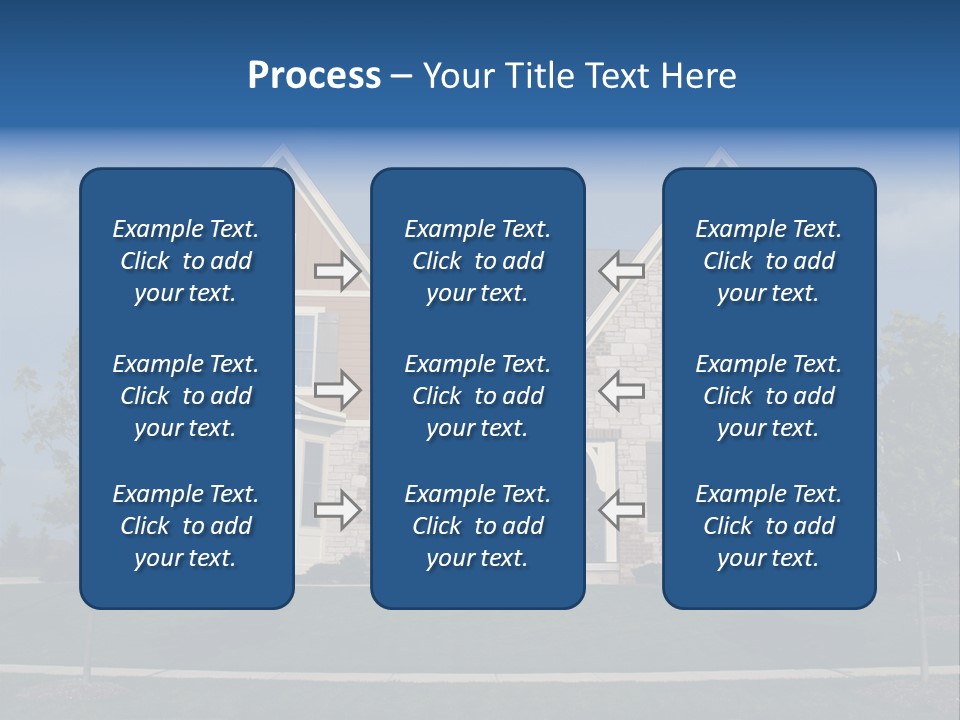 Two Story Stone, Brick And Board Sided Residential Home With Bay Window. PowerPoint Template