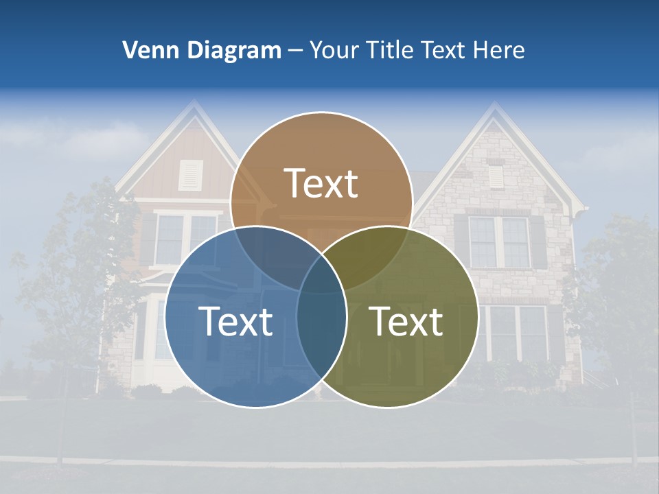 Two Story Stone, Brick And Board Sided Residential Home With Bay Window. PowerPoint Template