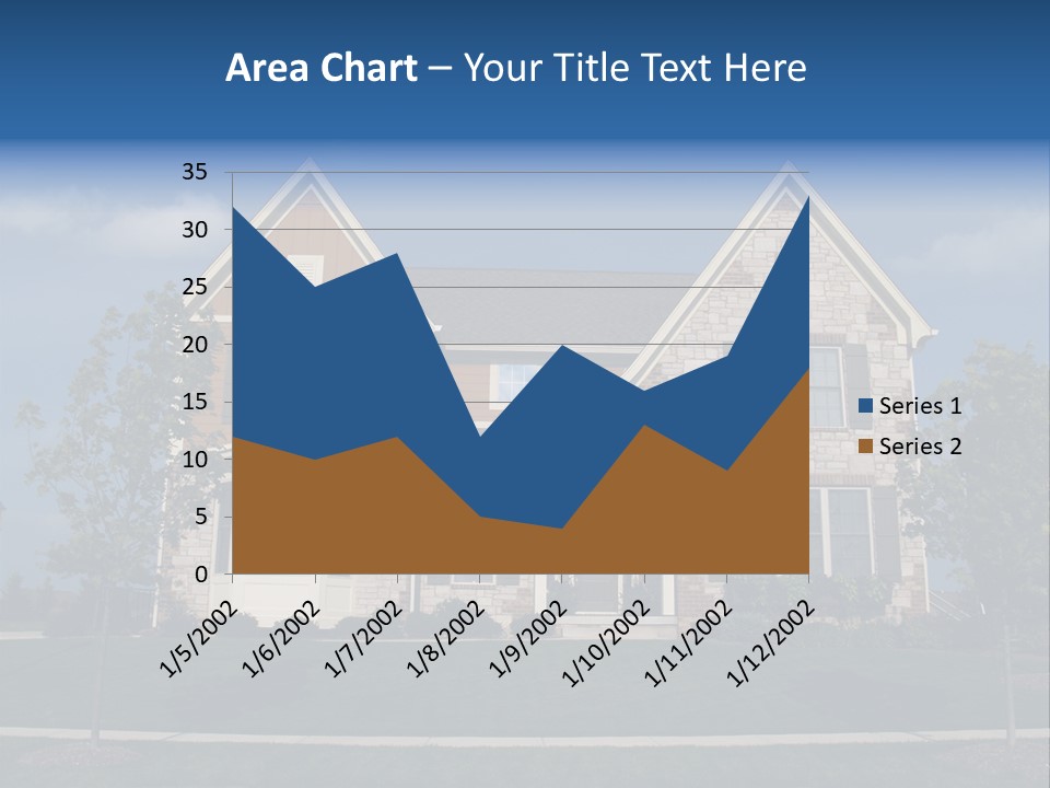 Two Story Stone, Brick And Board Sided Residential Home With Bay Window. PowerPoint Template