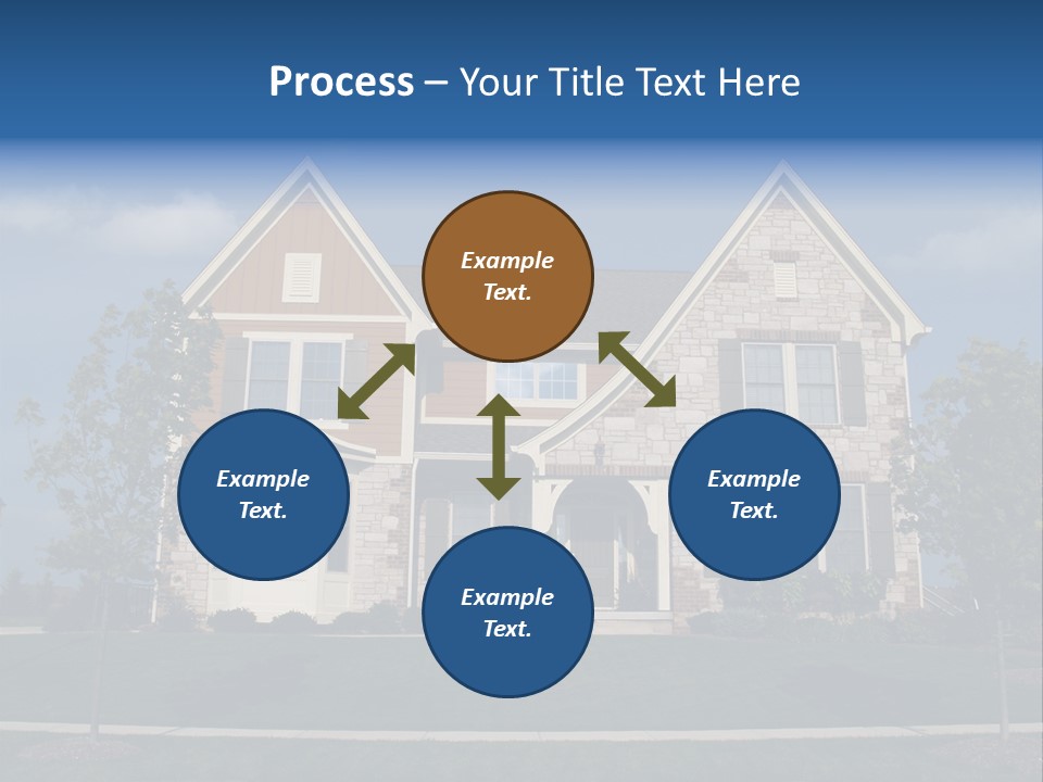 Two Story Stone, Brick And Board Sided Residential Home With Bay Window. PowerPoint Template