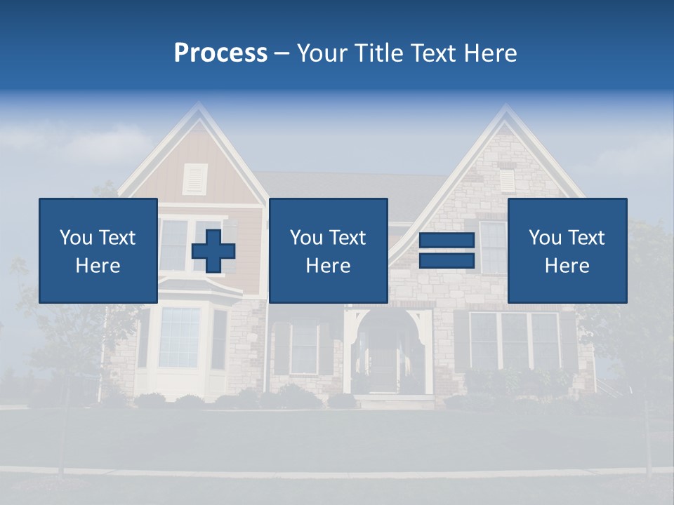 Two Story Stone, Brick And Board Sided Residential Home With Bay Window. PowerPoint Template