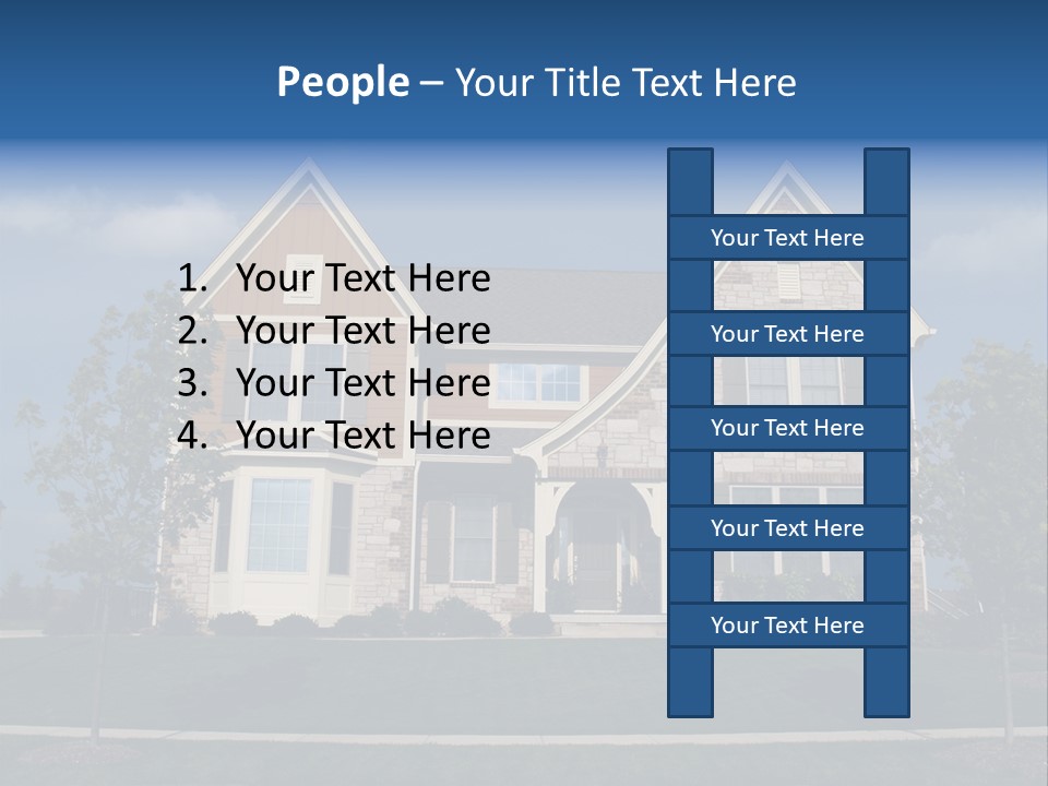 Two Story Stone, Brick And Board Sided Residential Home With Bay Window. PowerPoint Template