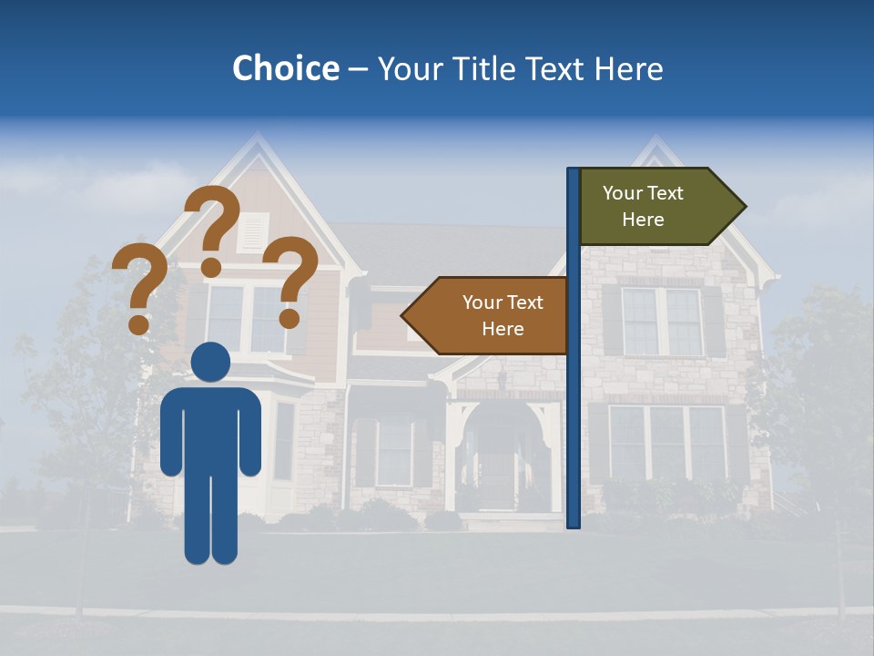 Two Story Stone, Brick And Board Sided Residential Home With Bay Window. PowerPoint Template