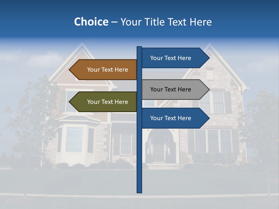 Two Story Stone, Brick And Board Sided Residential Home With Bay Window. PowerPoint Template