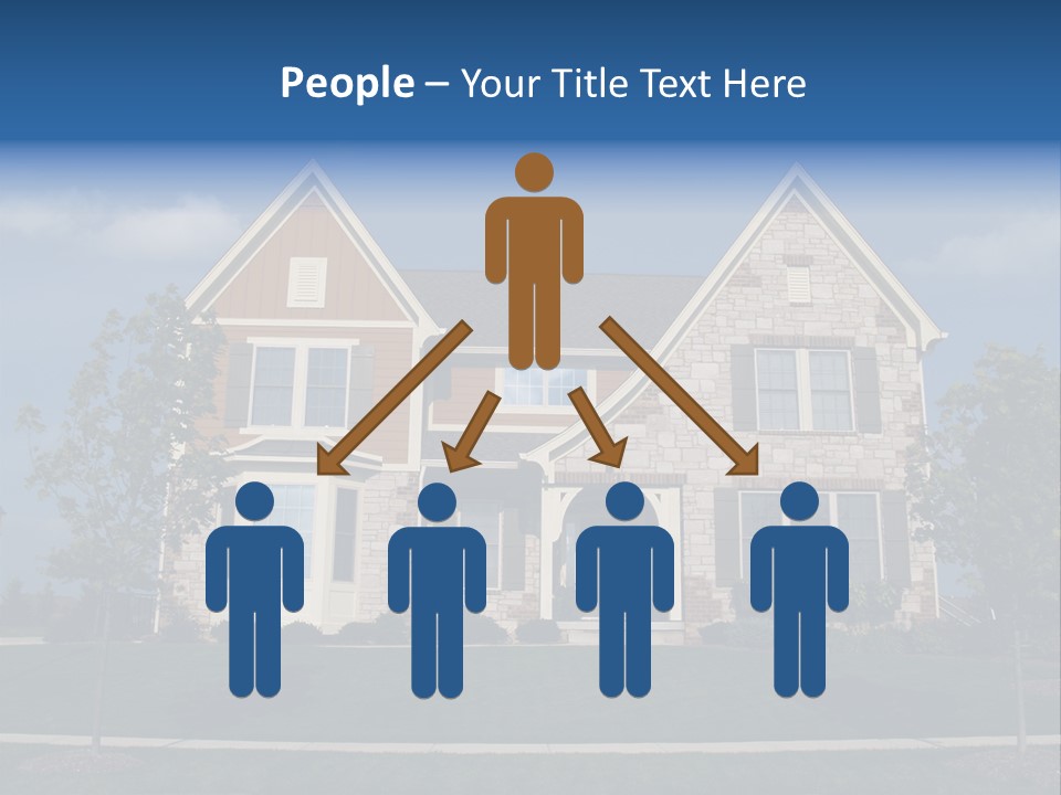 Two Story Stone, Brick And Board Sided Residential Home With Bay Window. PowerPoint Template