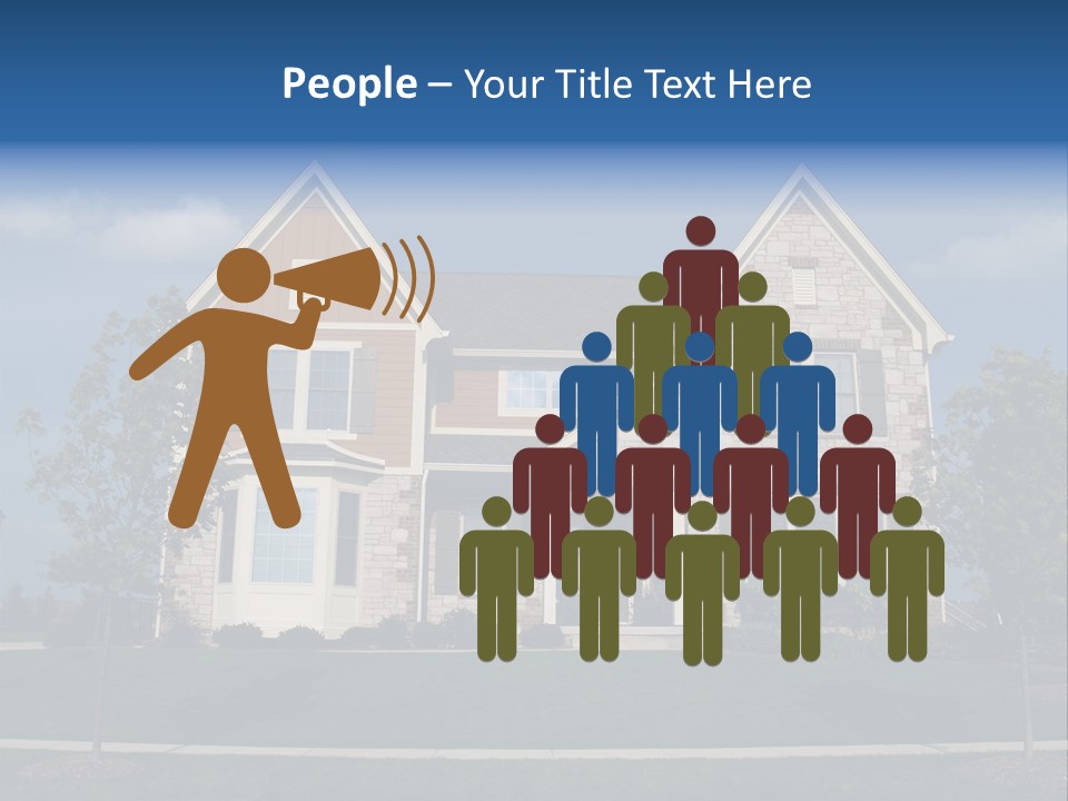 Two Story Stone, Brick And Board Sided Residential Home With Bay Window. PowerPoint Template