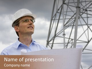 Engineer With Blueprint In Front Of Crane PowerPoint Template